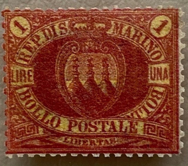 San Marino 1892 - 1 lira czerwona MNH** - Sassone N. 20 #1.1