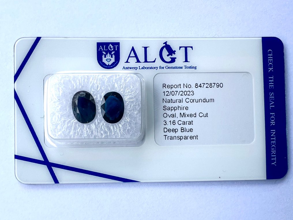 Zonder Minimumprijs - 2 pcs  Blauw Saffier  - 3.16 ct - Antwerp Laboratory for Gemstone Testing (ALGT) #3.1