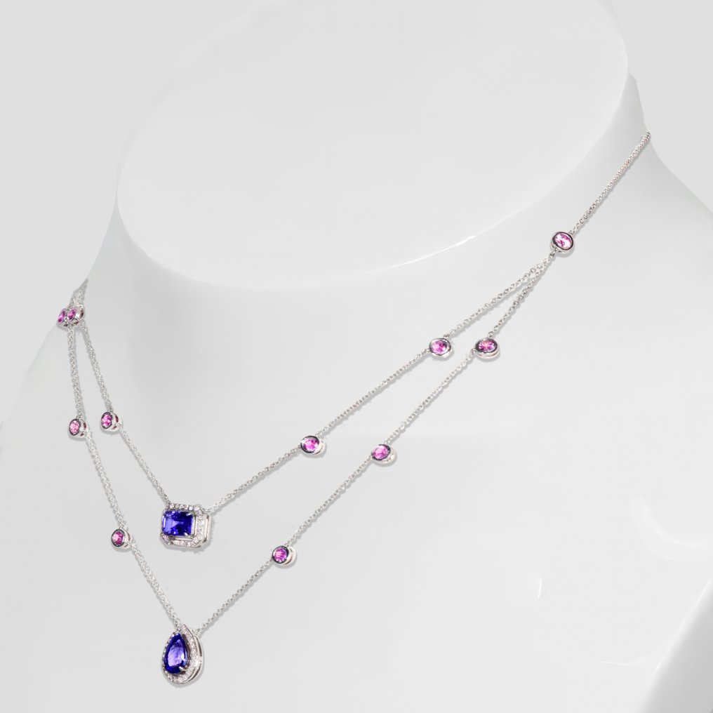Zonder Minimumprijs - IGI 3.12 ct Natural Intense Violet Tanzanite with 1.57 ct Pink Sapphires&0.39 ct Pink Diamonds - Ketting met hanger - 14 karaat Witgoud Tanzaniet - Diamant  #1.2