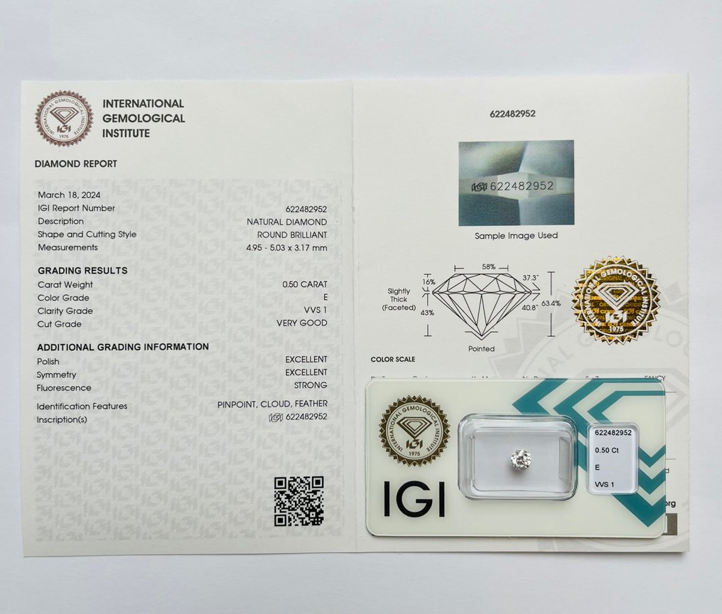 1 pcs Diamond  (Natural)  - 0.50 ct - Round - E - VVS1 - International Gemological Institute (IGI) #3.1