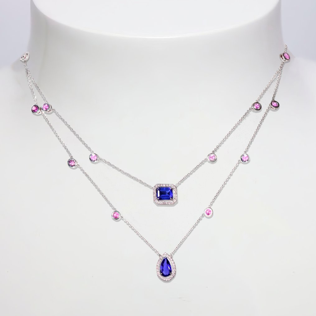 Zonder Minimumprijs - IGI 3.12 ct Natural Intense Violet Tanzanite with 1.57 ct Pink Sapphires&0.39 ct Pink Diamonds - Ketting met hanger - 14 karaat Witgoud Tanzaniet - Diamant  #1.1