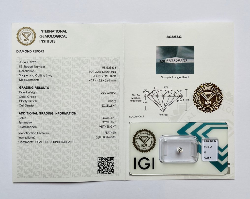 Diamond  (Natural)  - 0.30 ct - Round - E - VVS2 - International Gemological Institute (IGI) #3.1