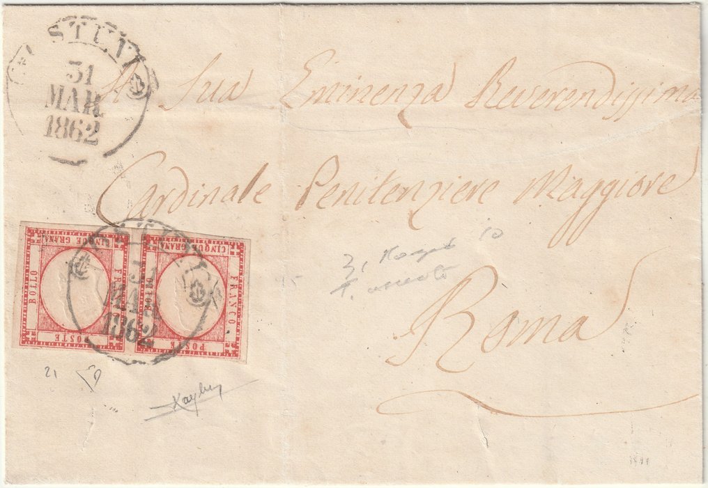Provinces napolitaines  - 1862 31 mars 5 gr. Paire de Sass 21 rouge cheminée sur jaquette d'Ostuni x Roma f.ED, Ray Ex Coll. #1.1