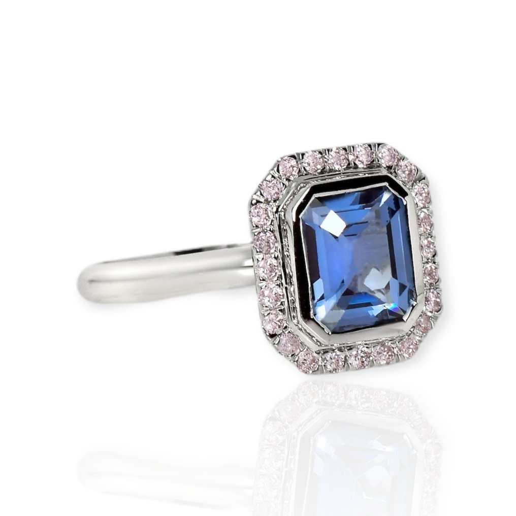 IGI 1.45 ct Natural Unheated Blue Spinel with 0.21 ct Pink Diamonds - Ring - 14 karaat Witgoud Spinel - Diamant #2.1