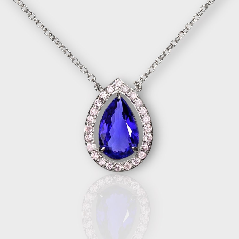 Zonder Minimumprijs - IGI 3.12 ct Natural Intense Violet Tanzanite with 1.57 ct Pink Sapphires&0.39 ct Pink Diamonds - Ketting met hanger - 14 karaat Witgoud Tanzaniet - Diamant  #2.1