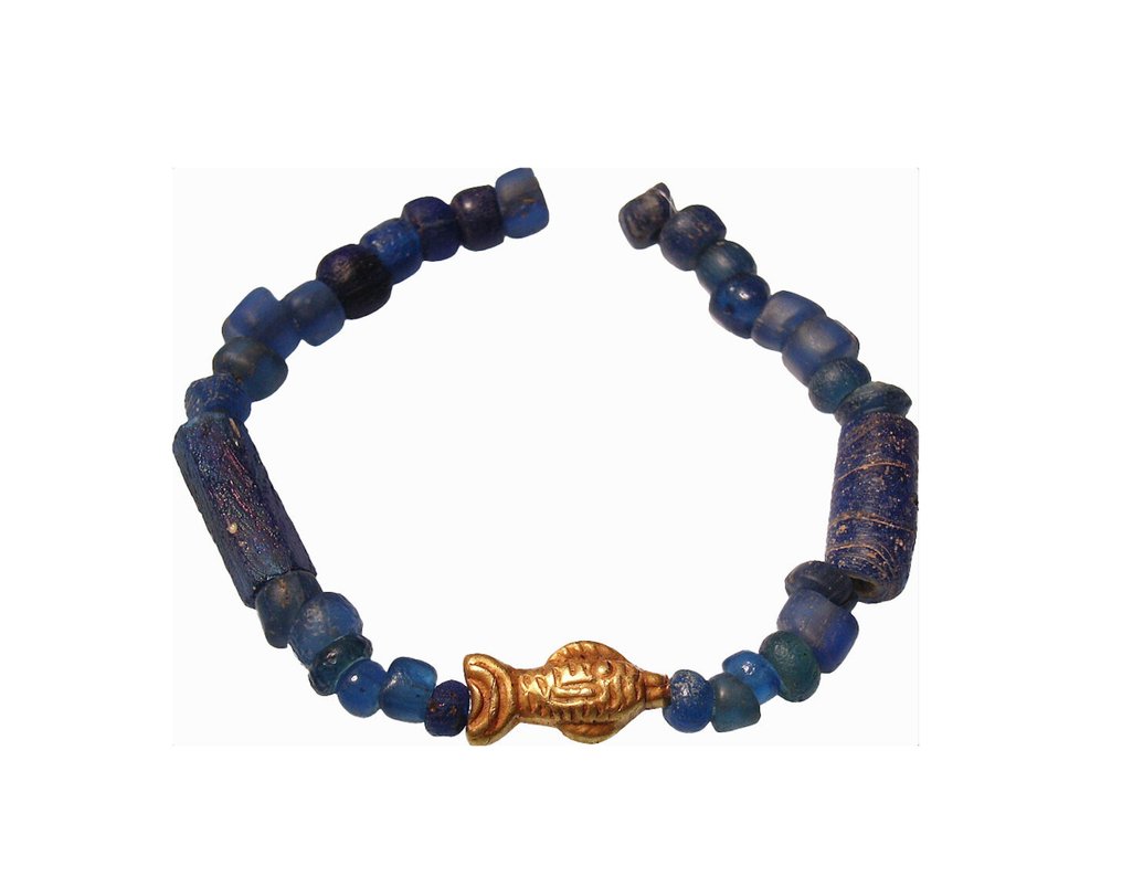 Romerska antiken Roman-Sassanid GULD smyckesband med fiskhänge och smycken av glaspärlor Smyckesapplikation #1.1