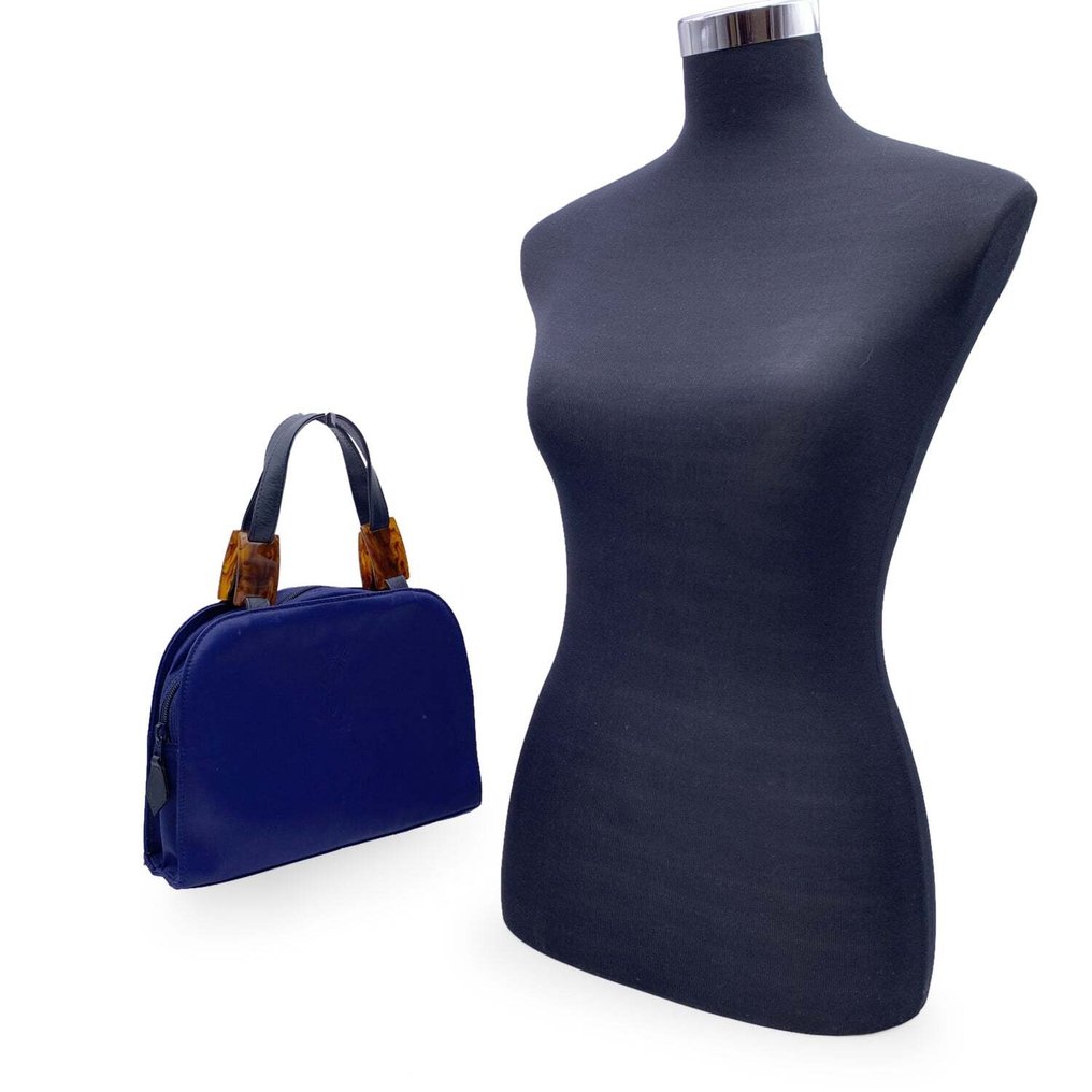 Yves Saint Laurent - Vintage Blue Satin YSL Logo Satchel Handbag - Kézitáska #1.2