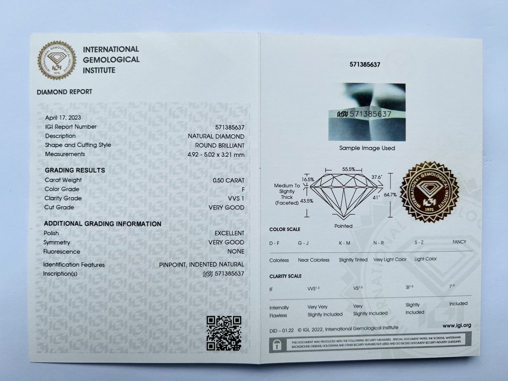 1 pcs Diamant  (Natürlich)  - 0.50 ct - F - VVS1 - International Gemological Institute (IGI) #2.1