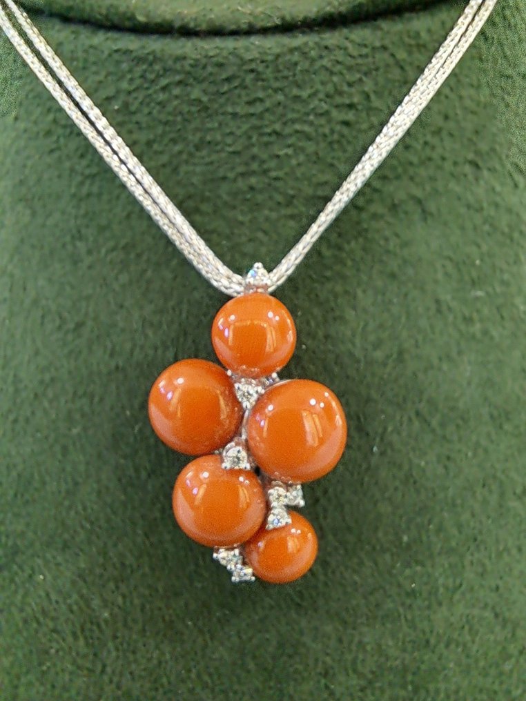Choker halsketting - Girocollo con pendente corallo - 18 karaat Witgoud Koraal - Diamant - Natuurlijk koraal (zee) #1.1