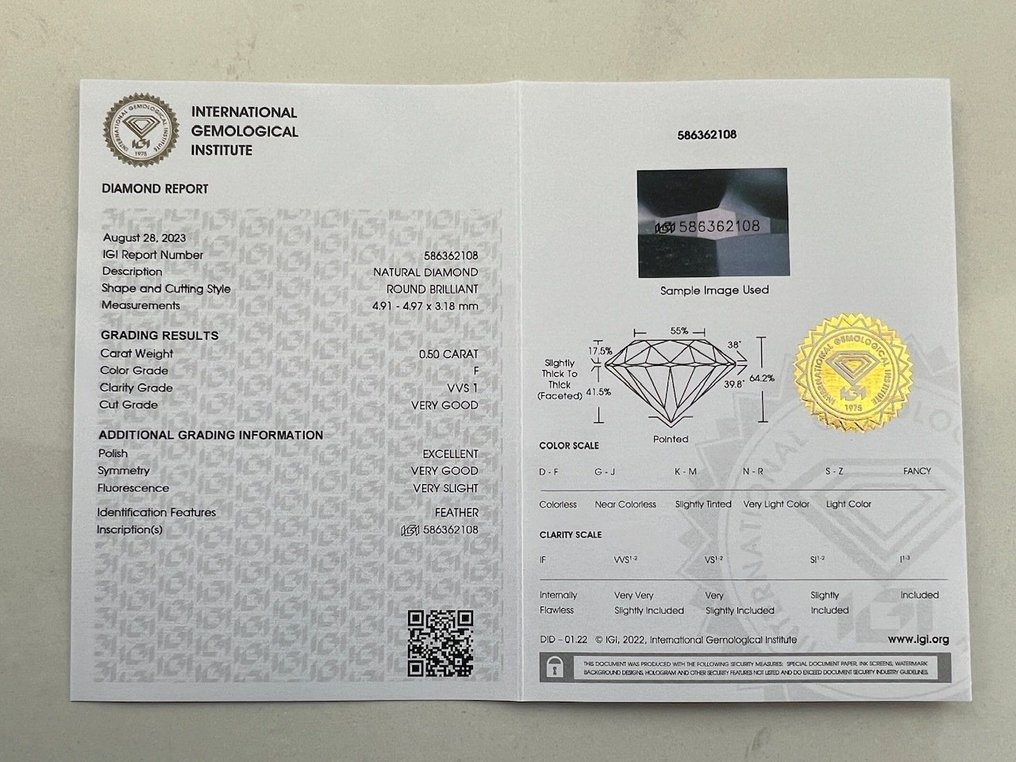 1 pcs 鑽石  (天然)  - 0.50 ct - 圓形 - F(近乎無色) - VVS1 - 國際寶石學院（International Gemological Institute (IGI)） #2.1