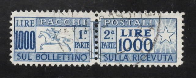Repubblica Italiana 1954 - 1000 lire pacchi usato in ottimo stato di conservazione con annullo originale certificato CILIO - Sassone n. 81/I #1.1
