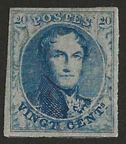 Belgique 1851 - 20c bleu, médaillon filigrané LL sans cadre, bien bordé, avec CERTIFICAT - OBP/COB 7 #1.1