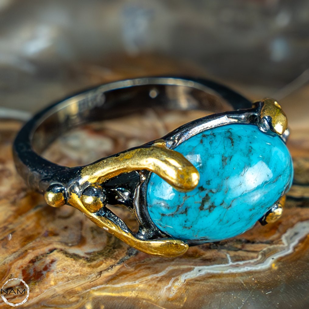 Rare Persian Turquoise Ring - 925 silver, 14k gold plated - 30.35 ct- 6.07 g #1.2