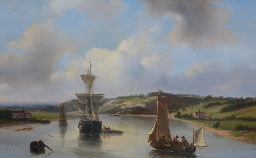 Nicolaas Roosenboom (1805-1880) - Rivierlandschap met boten #1.1