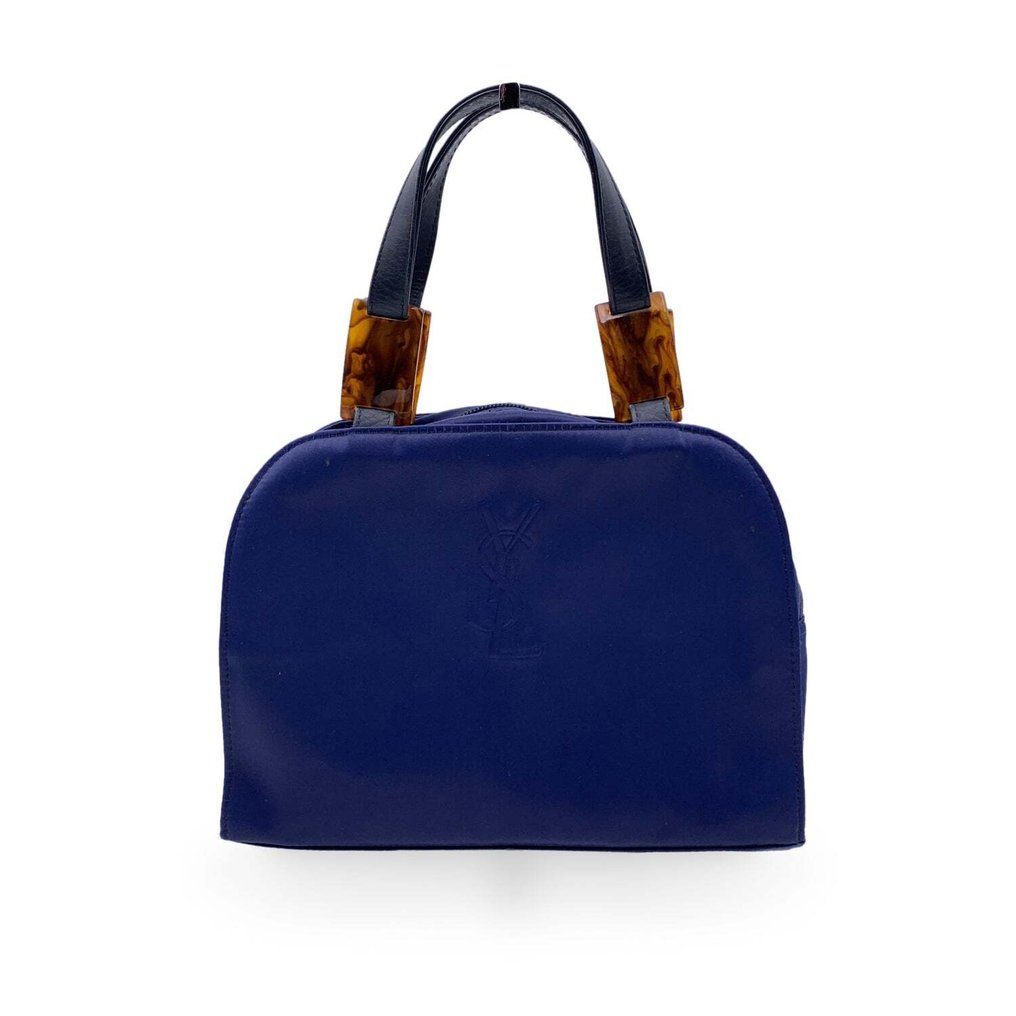Yves Saint Laurent - Vintage Blue Satin YSL Logo Satchel Handbag - Kézitáska #1.1