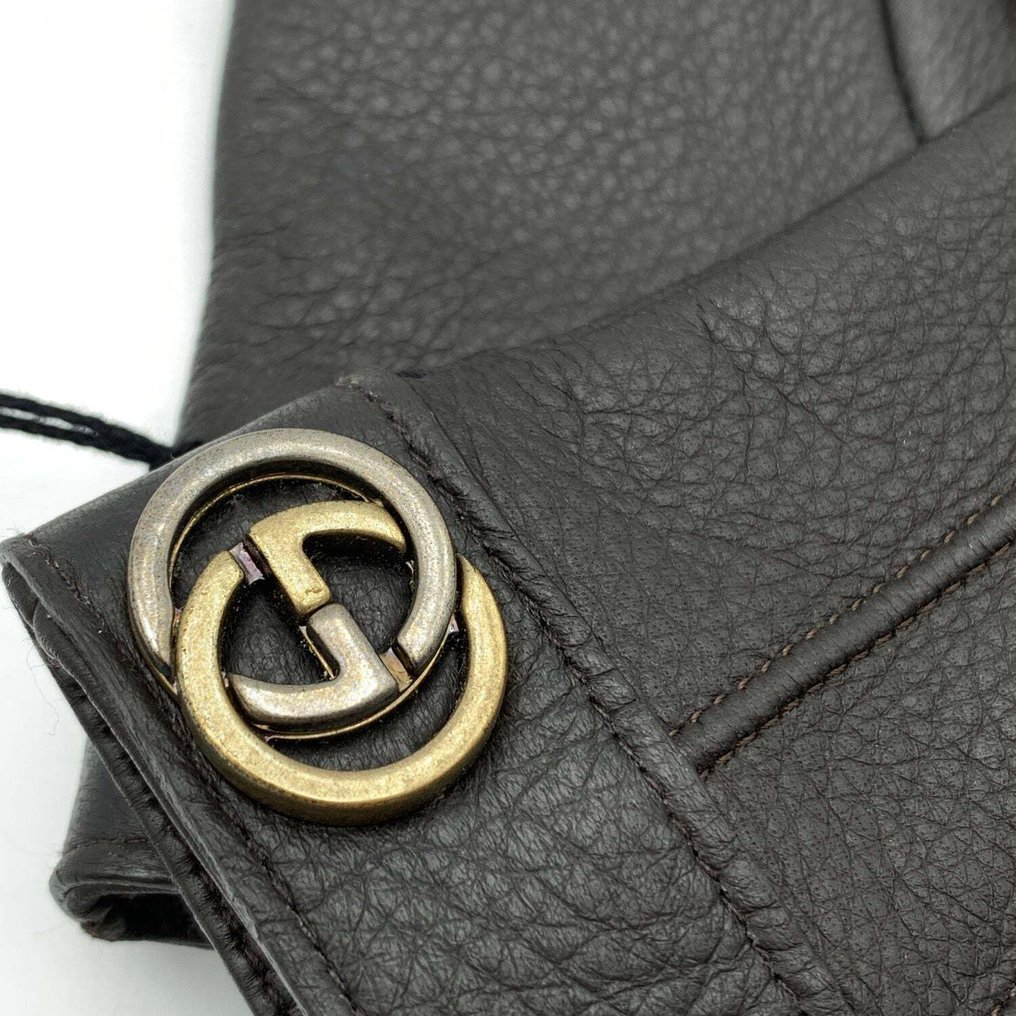 Gucci - Brown Leather Unisex GG Logo Gloves Cahsmere Lining Size 9 L - Handsker #2.1
