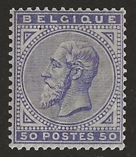 Belgia 1883 - 50c violetti Leopold II, erittäin hyvin keskitetty, SERTIFIKAATTI - OBP/COB 41 #1.1