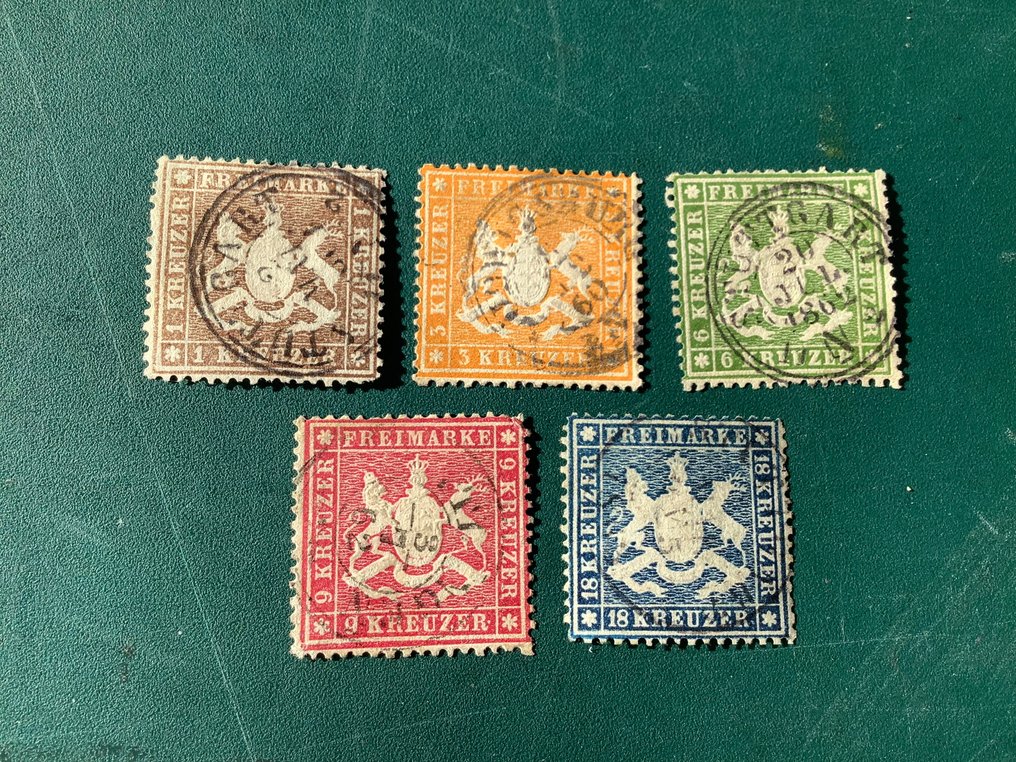 Württemberg 1860/1861 - Täysi numero hyvällä 18 Kreuzer-postimerkillä - Michel 16y, 17x/19x en 20y #1.1