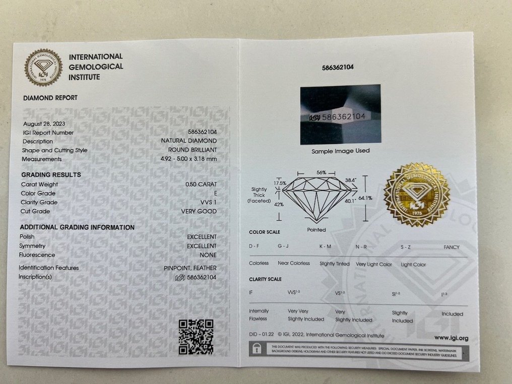 1 pcs 钻石  (天然)  - 0.50 ct - E - VVS1 极轻微内含一级 - 国际宝石研究院（IGI） #2.3