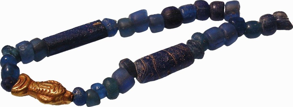 Romerska antiken Roman-Sassanid GULD smyckesband med fiskhänge och smycken av glaspärlor Smyckesapplikation #3.1