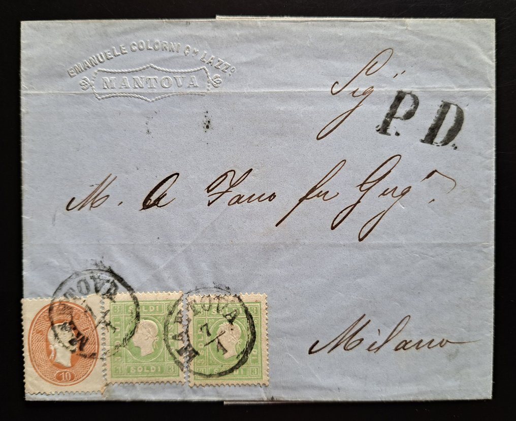 倫巴第和威尼托 1863 - 曼托瓦致米蘭的信 - 混合郵資 - Michel 8IIa, 13 #1.1