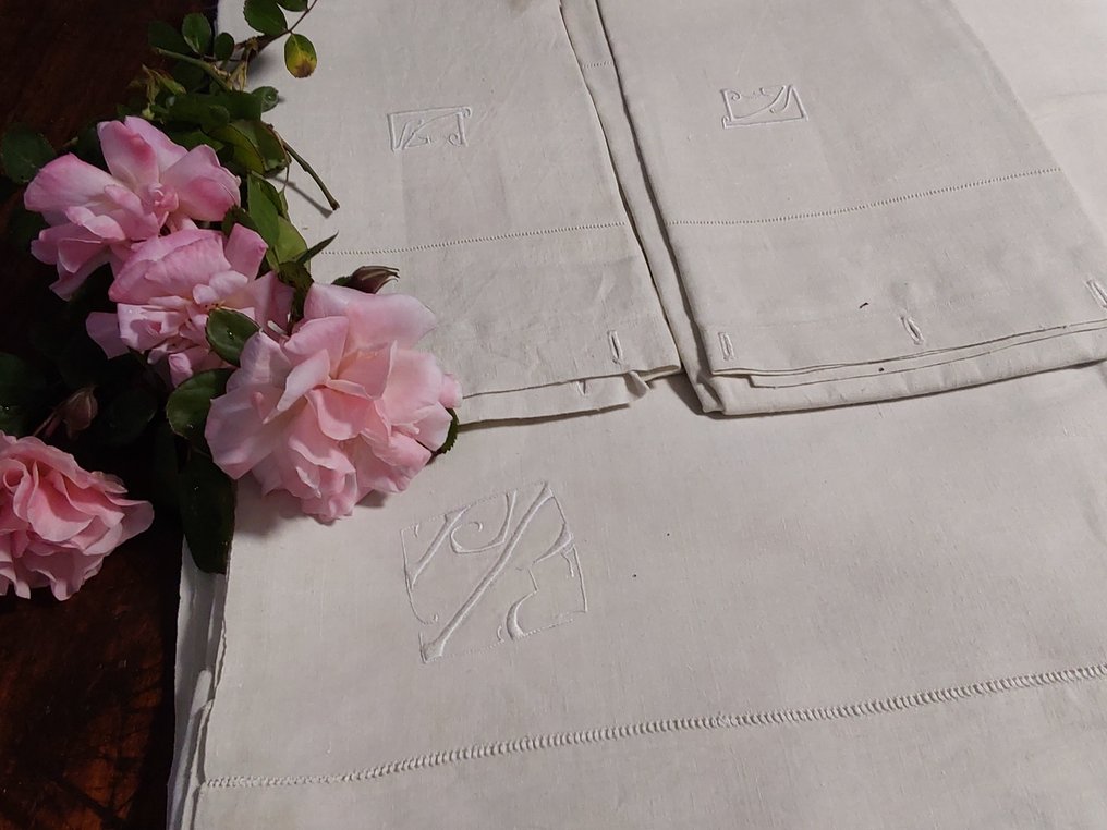 Double bed sheets and pillowcases in vintage linen - Bed sheet (3)  - 270 cm - 250 cm #1.1
