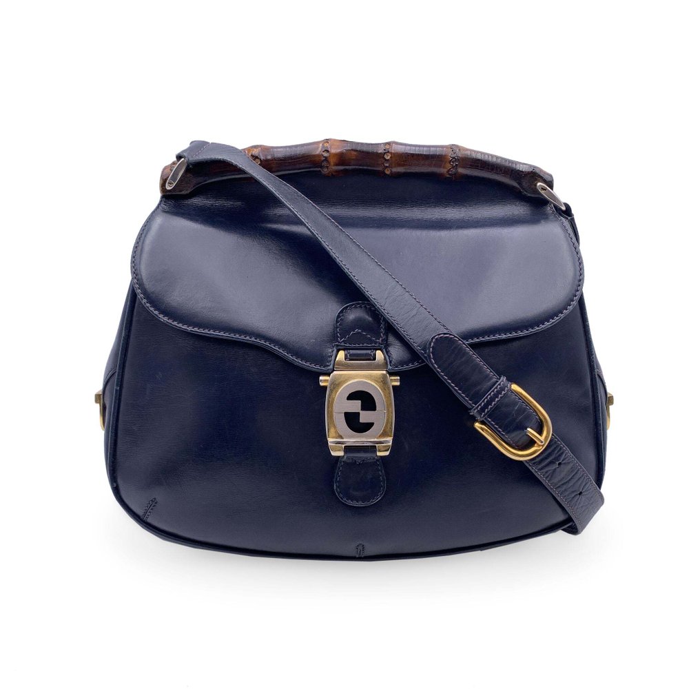 Gucci - Vintage Navy Blue Leather Bamboo Flap - Schultertasche #1.1