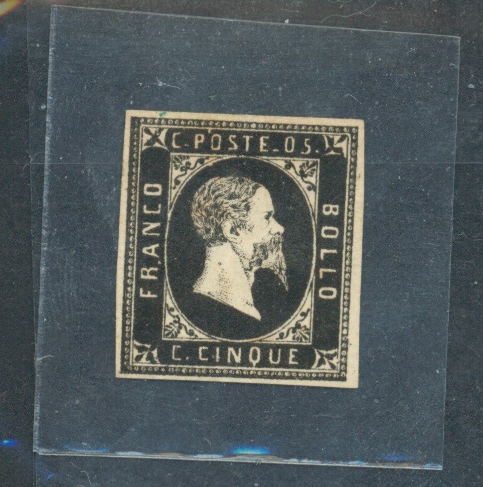 意大利古國－薩丁尼亞 1851 - 5 美分黑色第一版全新 - Sassone N. 1a #1.1