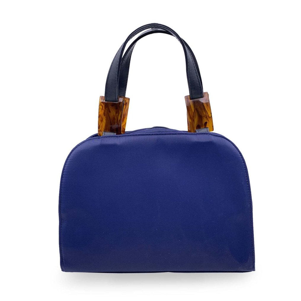 Yves Saint Laurent - Vintage Blue Satin YSL Logo Satchel Handbag - Kézitáska #2.1