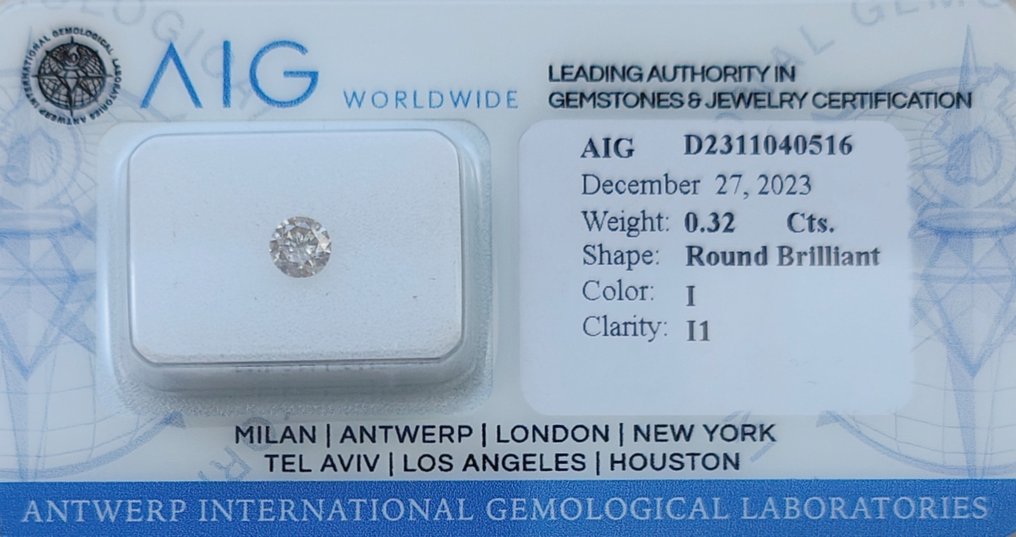 1 pcs Timantti  (Luonnollinen)  - 0.32 ct - Pyöreä - I - I1 - Antwerpenin kansainväliset gemologiset laboratoriot (AIG Israel) #1.1