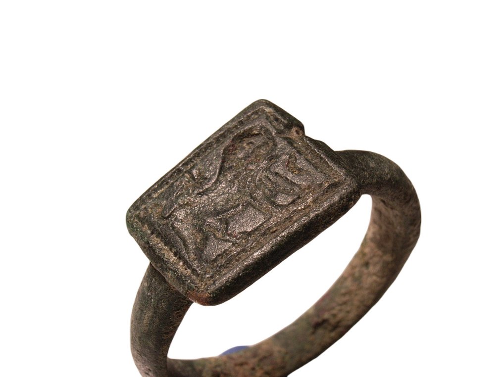 Römisches Reich Griechisch-Römisch Siegelring mit Löwen Verzierung, Fingerring Schmuck-Sammlung Ring #2.2