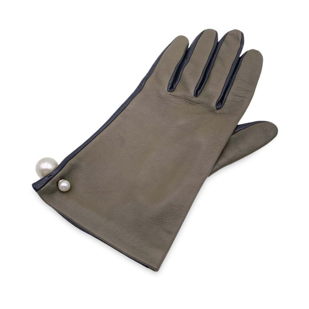 Christian Dior - Green Black Leather Tribales Pearl Gloves Size 7.5 - Hanskat #1.2