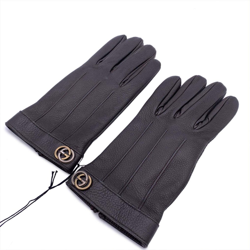 Gucci - Brown Leather Unisex GG Logo Gloves Cahsmere Lining Size 9 L - Handsker #1.1
