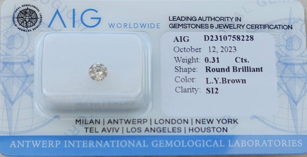 No Reserve Price - 1 pcs Diamond  (Natural coloured)  - 0.31 ct - Round - Light Brown Brown - SI2 - Antwerp International Gemological Laboratories (AIG Israel) - D2310758228 #1.1