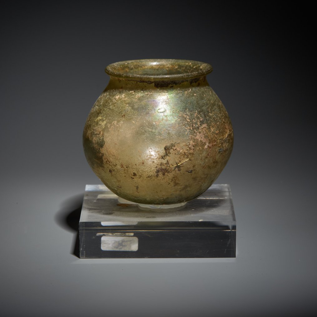 Romersk antikk Glass Fartøy. 1. - 3. århundre e.Kr. 7,5 cm høyde. #1.2