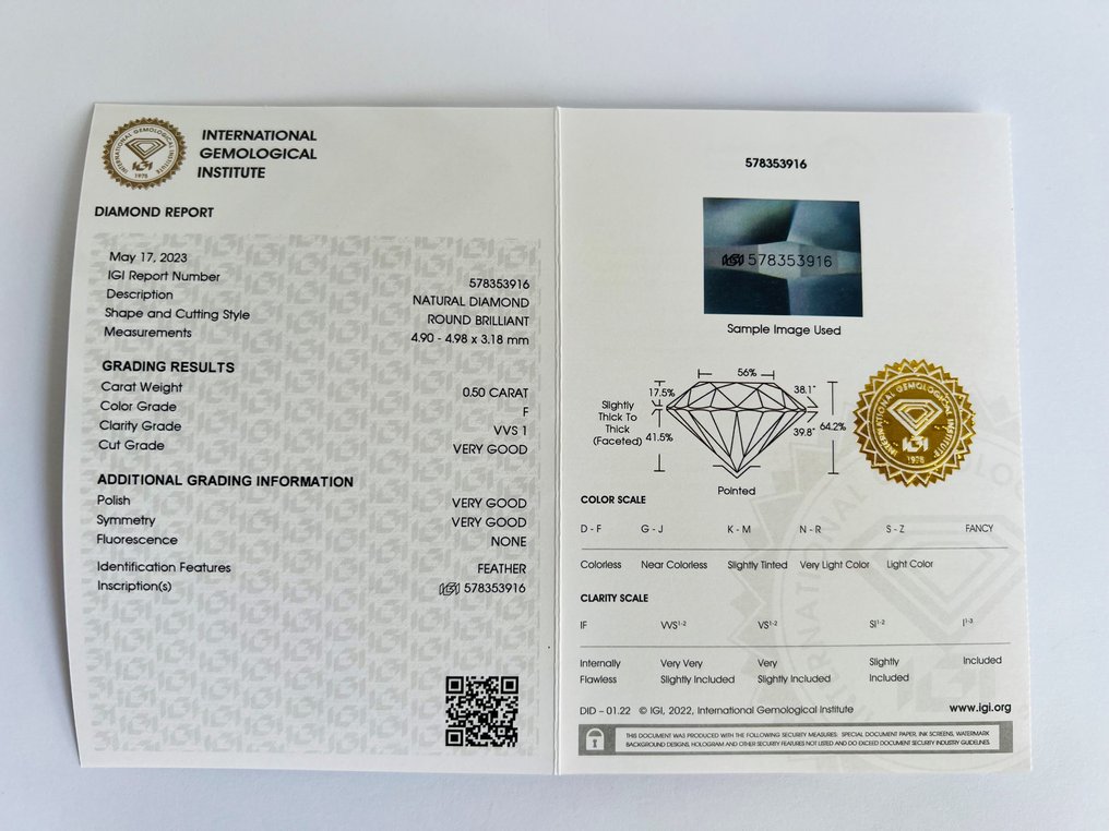 1 pcs Diamant  (Naturlig)  - 0.50 ct - F - VVS1 - Det internasjonale gemologiske institutt (IGI) #2.1