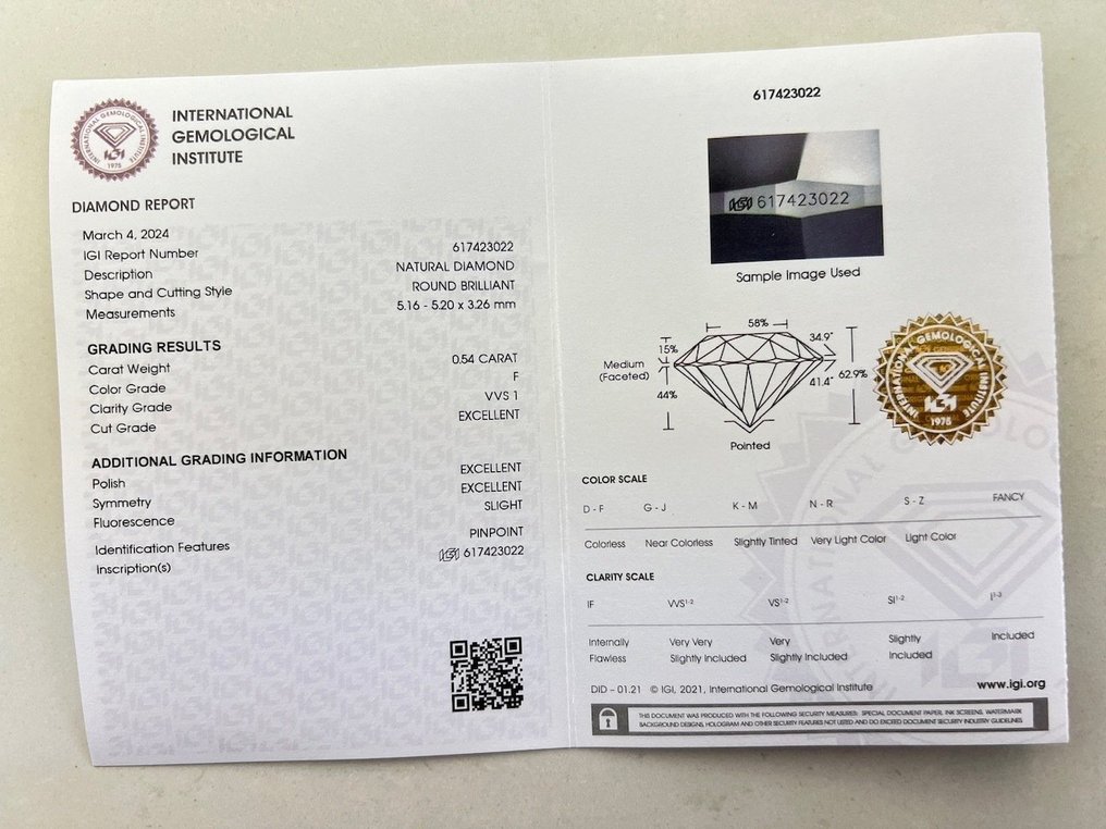 1 pcs Diamante  (Natural)  - 0.54 ct - F - VVS1 - Istituto Gemmologico Italiano (IGI) #2.1