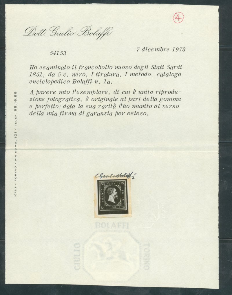 Antikke Italienske Stater - Sardinien 1851 - 5 øre Sort 1. udgave Ny - Sassone N. 1a #2.1