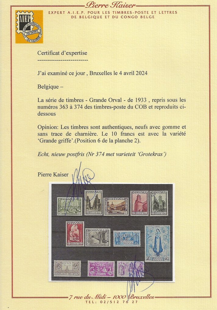 Belgique 1933 - Grand Orval avec variété 'Grote kras', avec CERTIFICAT Kaiser - OBP/COB 363/374-V #2.2