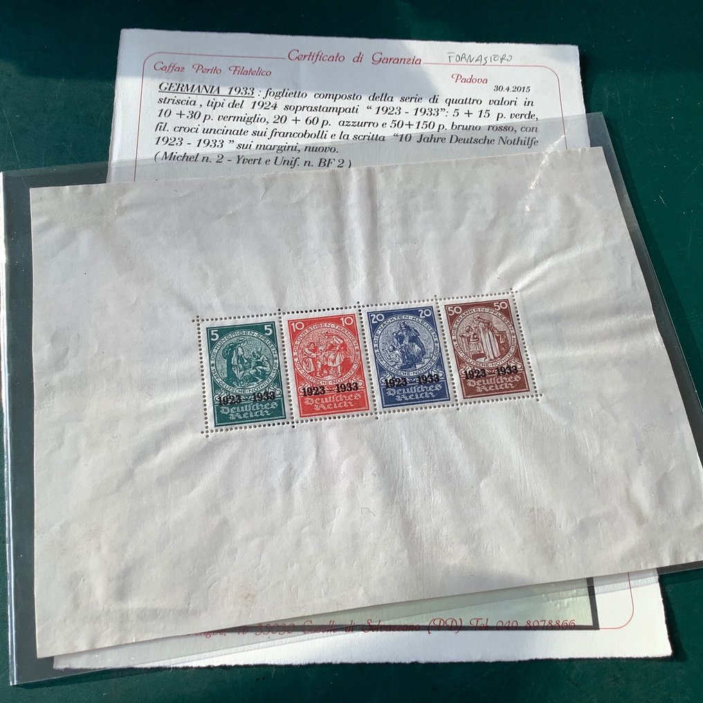 German Empire 1933 - Nothilfe block with photo certificate Gaffez - Michel blok 2 #1.1