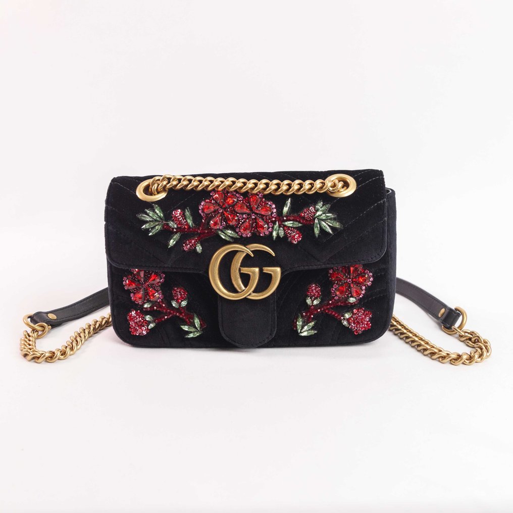 Gucci - GG Marmont Floral Embroidered Velvet Mini Bag - Torebka na ramię #1.1