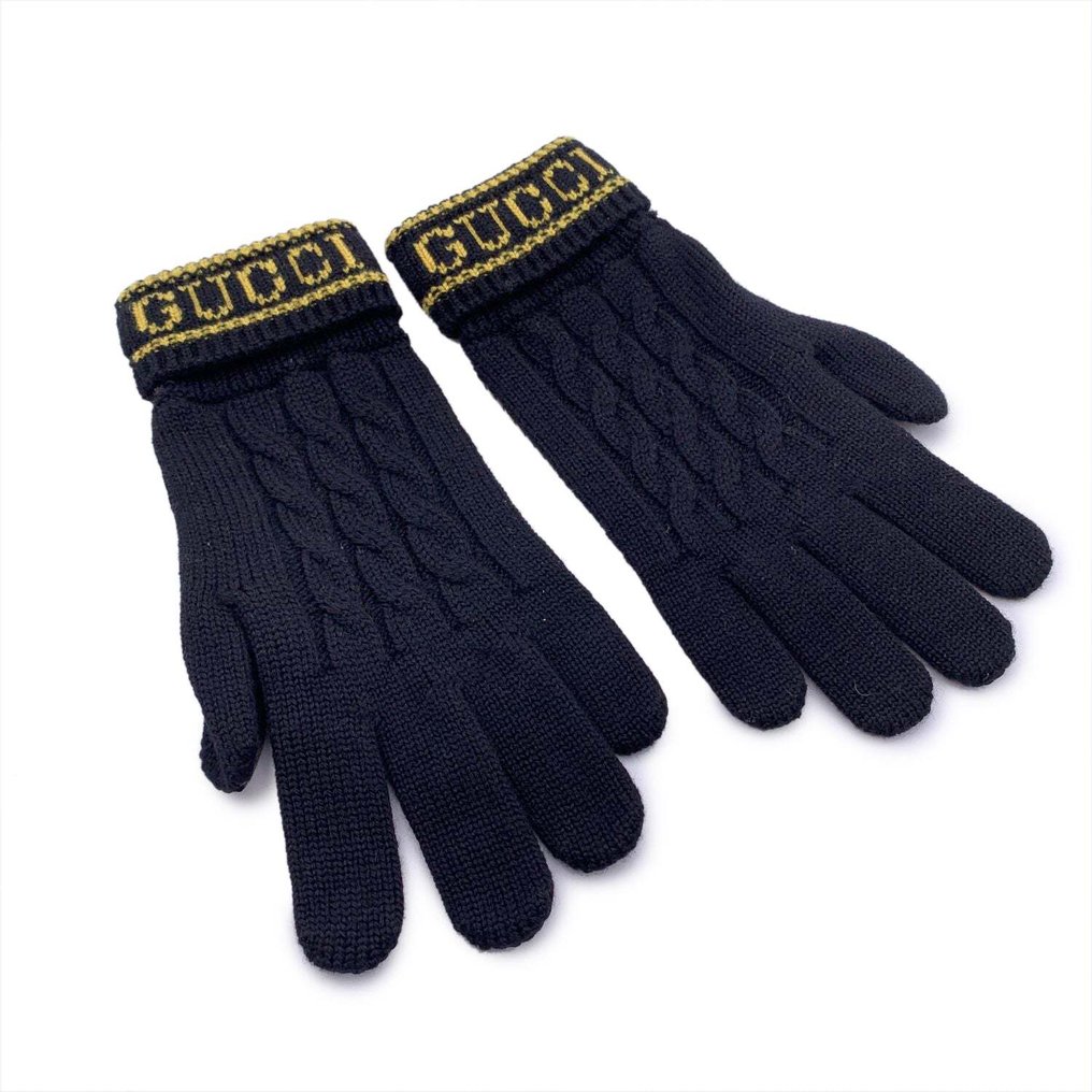 Gucci - Black Wool and Leather Unisex Logo Knit Gloves Size M - Γάντια #1.2