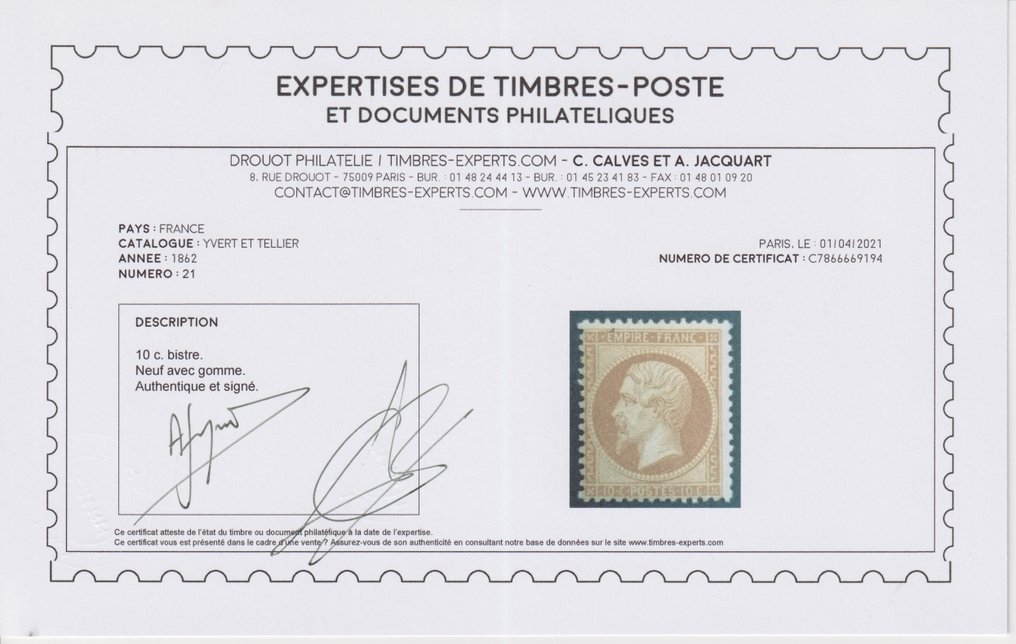 França 1862 - Império serrilhado, nº 21, Bezerros novos* assinados e Pisan vendidos com certificado de Bezerros. - Yvert #2.1