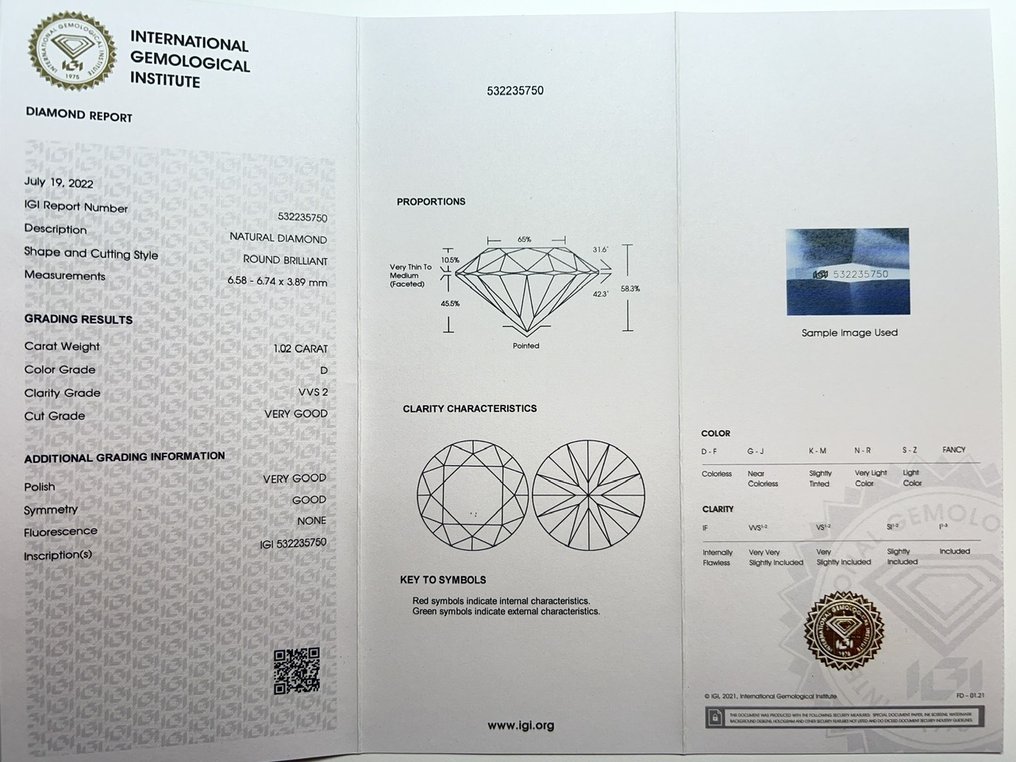 1 pcs Diamant  (Natürlich)  - 1.02 ct - Rund - D (farblos) - VVS2 - International Gemological Institute (IGI) #2.1