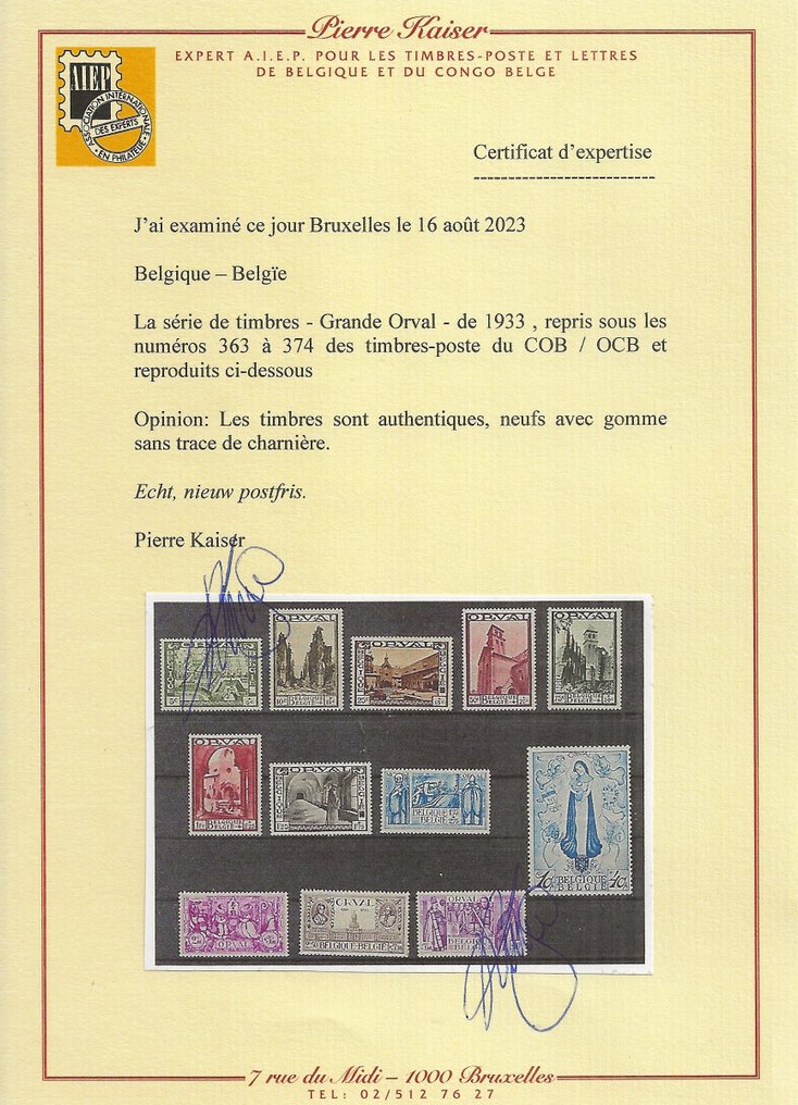 Belgien 1933 - Großer Orval mit ZERTIFIKAT Kaiser - OBP/COB 363/74 #2.1
