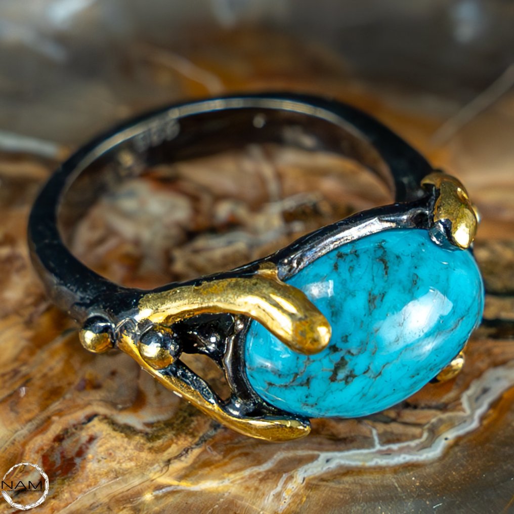 Rare Persian Turquoise Ring - 925 silver, 14k gold plated - 30.35 ct- 6.07 g #2.1