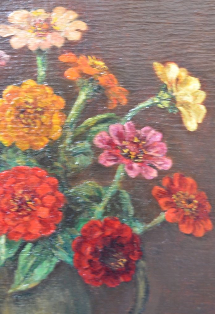Manus van der Ven (1866-1944) - Een bloemstilleven met Zinnia's in een kan van aardewerk #3.2