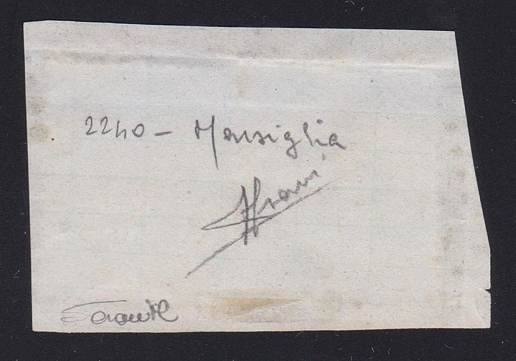 Kongeriket Italia 1865 - Sjeldent fragment med 2 eksempler på "Horseshoe" med Marseille kansellering "2240" R1 cert. Sorani #2.1