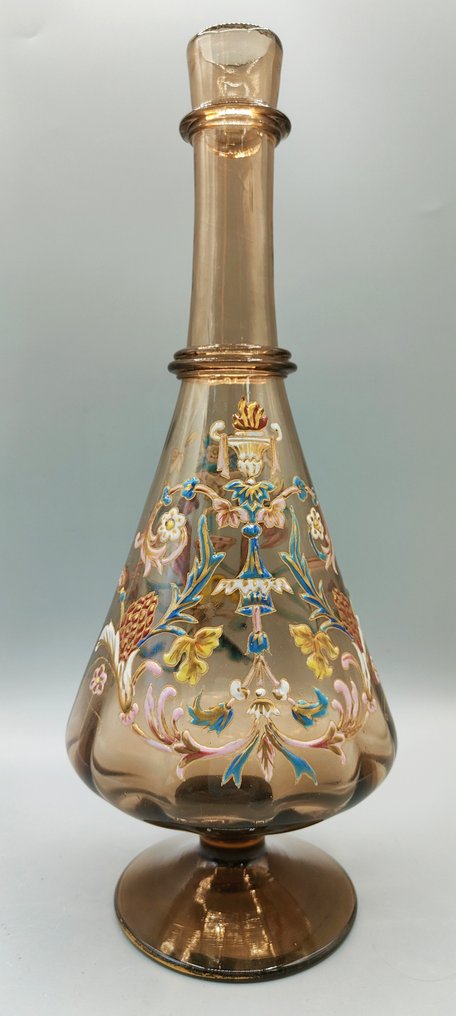 LEGRAS (1839-1916) - Jarra -  Vaso grande de soliflore “Florentino” com uma única flor esmaltado com lindas guirlandas de flores  - Vidro soprado #1.1