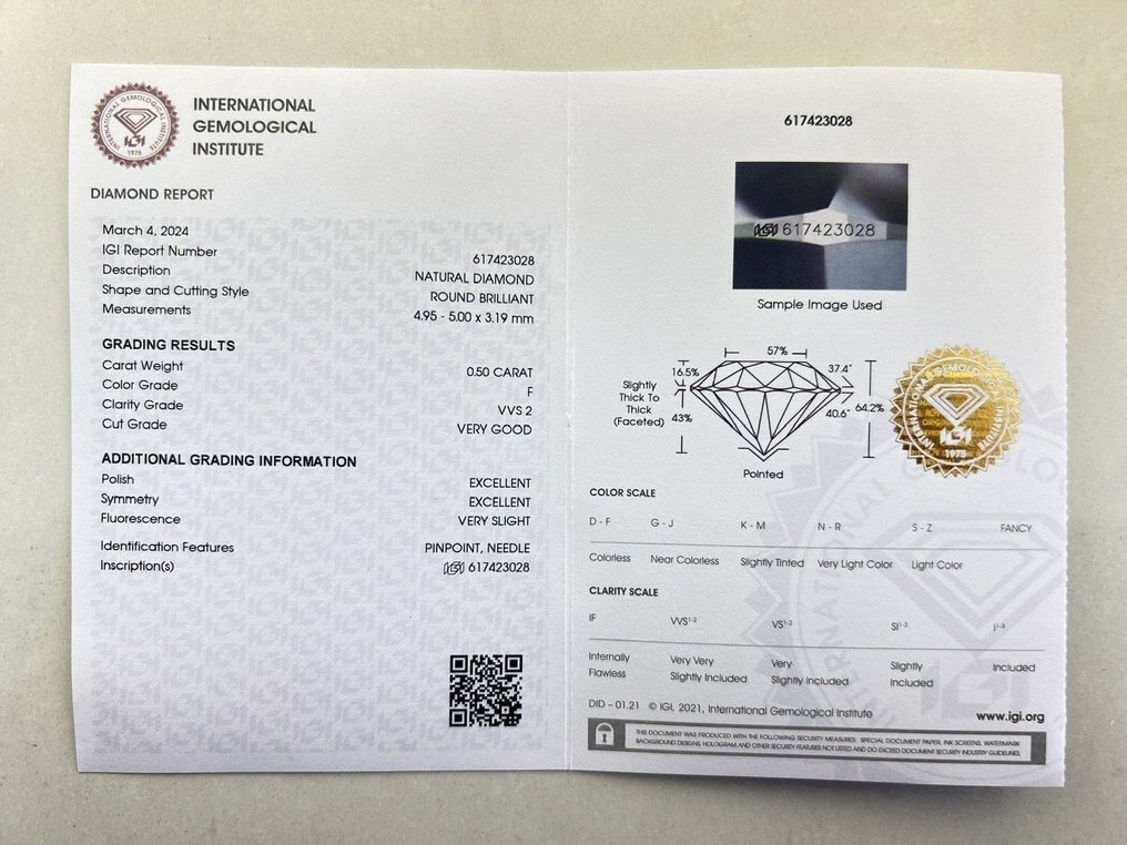 1 pcs Gyémánt  (Természetes)  - 0.50 ct - Kerek - F - VVS2 - Nemzetközi Gemmológiai Intézet (IGI) #2.1